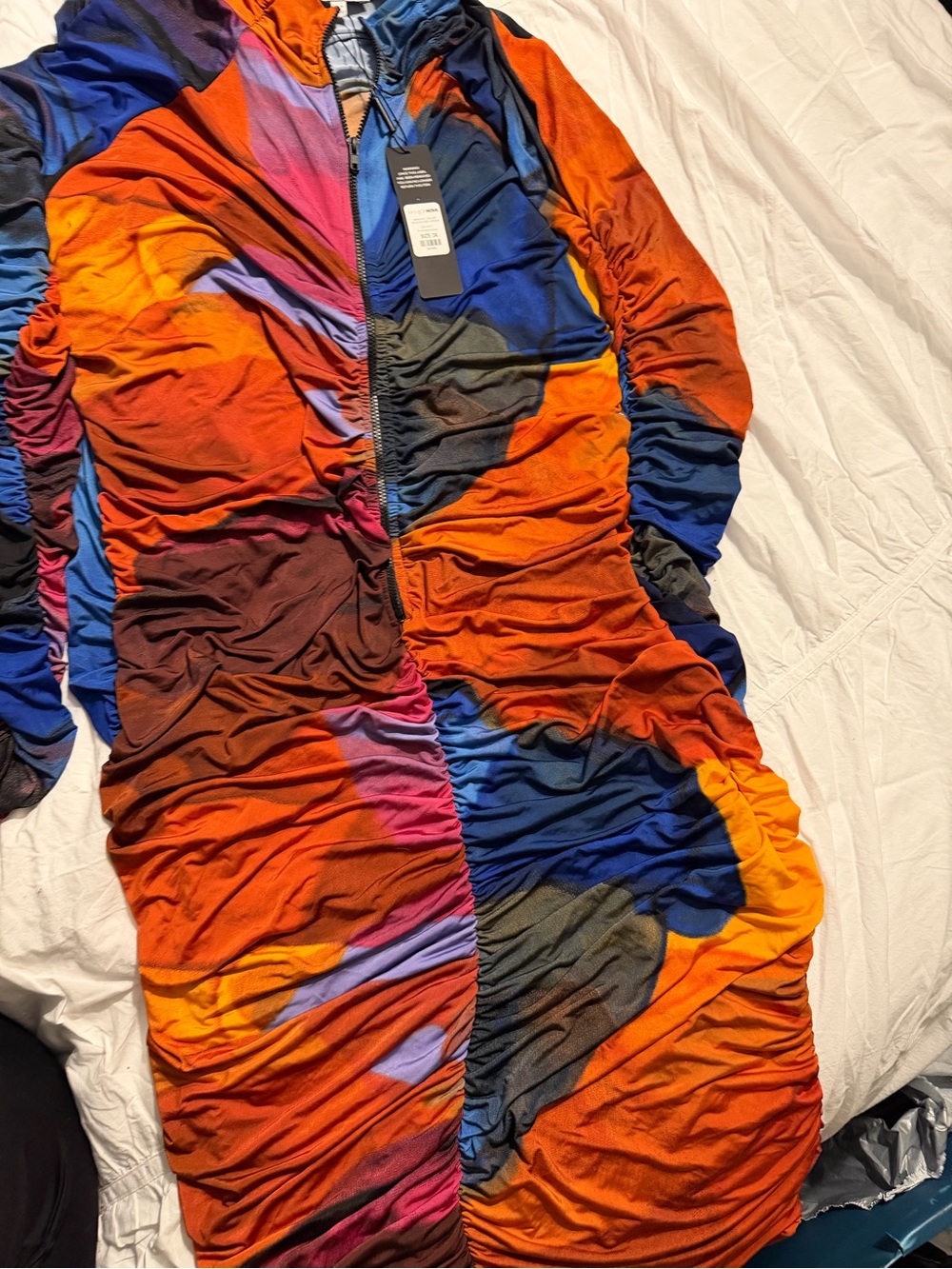 Fashion Nova Multicolor Ruched Midi Dress - Orange, Blue, Purple